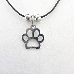 Dog Paw Print Necklace Cutout Charm Pendent Black Cord Adjustabl Silver Tone 16"